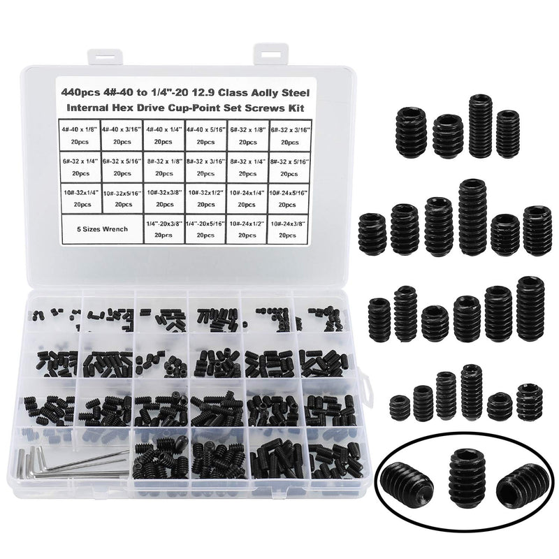 HanTof 440Pcs 22 Sizes,4#-40 to 1/4"-20 Standard SAE Allen Head Socket Hex Grub Screw Assortment Kit,Internal Hex Drive Cup-Point Set Screws Set with 5pcs Hex Wrenches,12.9 Class Alloy Steel-Black Black-440pcs SAE Set Screw - NewNest Australia