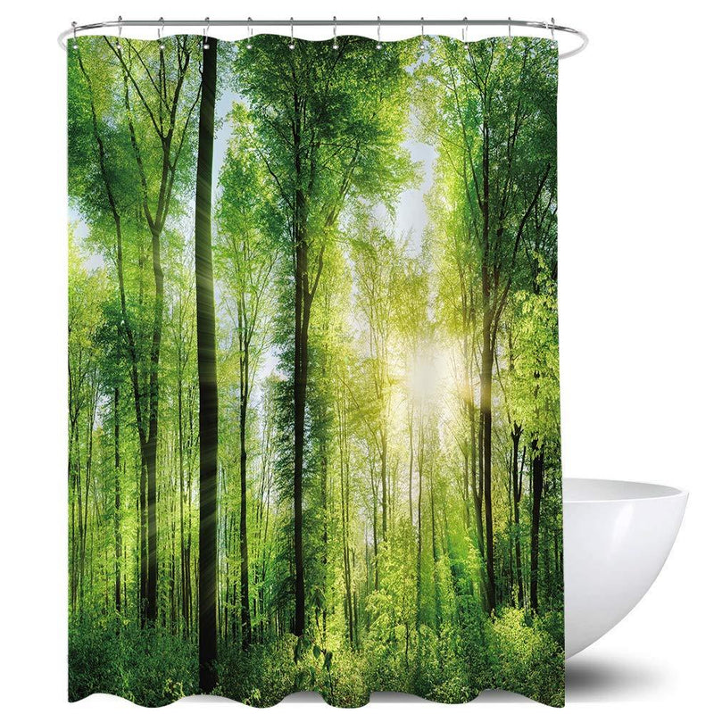 Homewelle Green Forest Shower Curtain Nature Tree Spring Sunlight Rustic Woodland Landscape Bright Sunshine 60Wx72H Waterproof 12 Pack Hooks Polyester Fabric Bathroom Bathtub - NewNest Australia