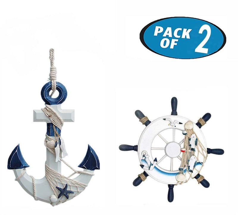NewNest Australia - Originalidad 2 Pack Nautical Beach Wooden Ship Wheel and Wood Anchor with Rope Nautical Boat Steering Rudder Wall Decor Door Hanging Ornament Beach Theme Home Decoration 13 