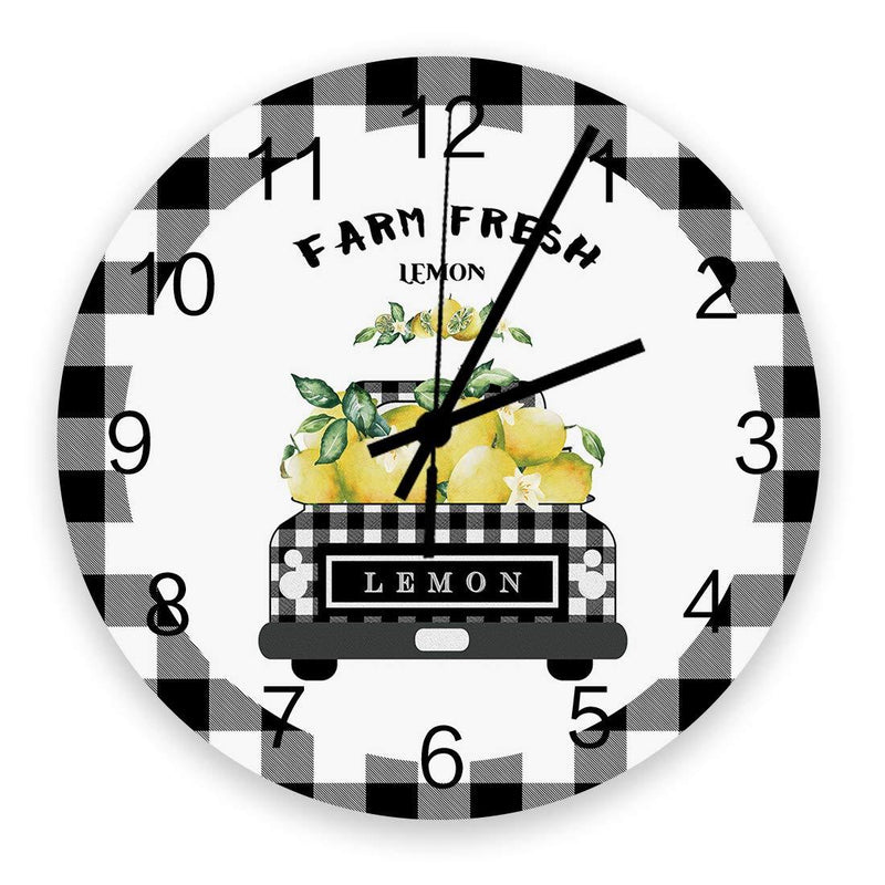 NewNest Australia - Wooden Round Wall Clock 12'' Silent Battery Operated Non Ticking Clock, Black Grey Buffalo Plaid Farm Truck Carry Fresh Lemons Noiseless Office Kitchen Bedroom Wall Clock Home Decor 