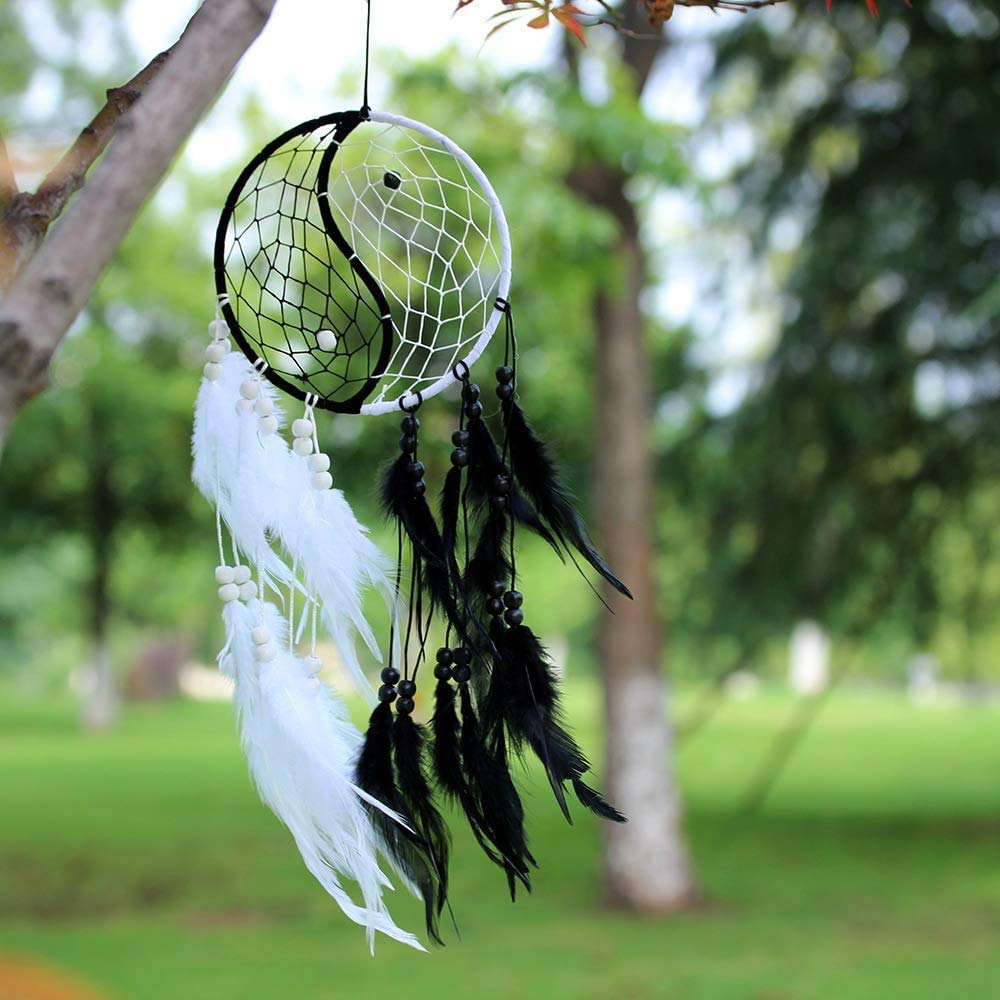 NewNest Australia - Yahpetes Dream Catcher 19.7" Feather Chandelier Ornaments Handmade Indian Wall Decoration Interior Rearview Pendant Charm Car Hanging with Feathers Beads (Black and White) Black and White 