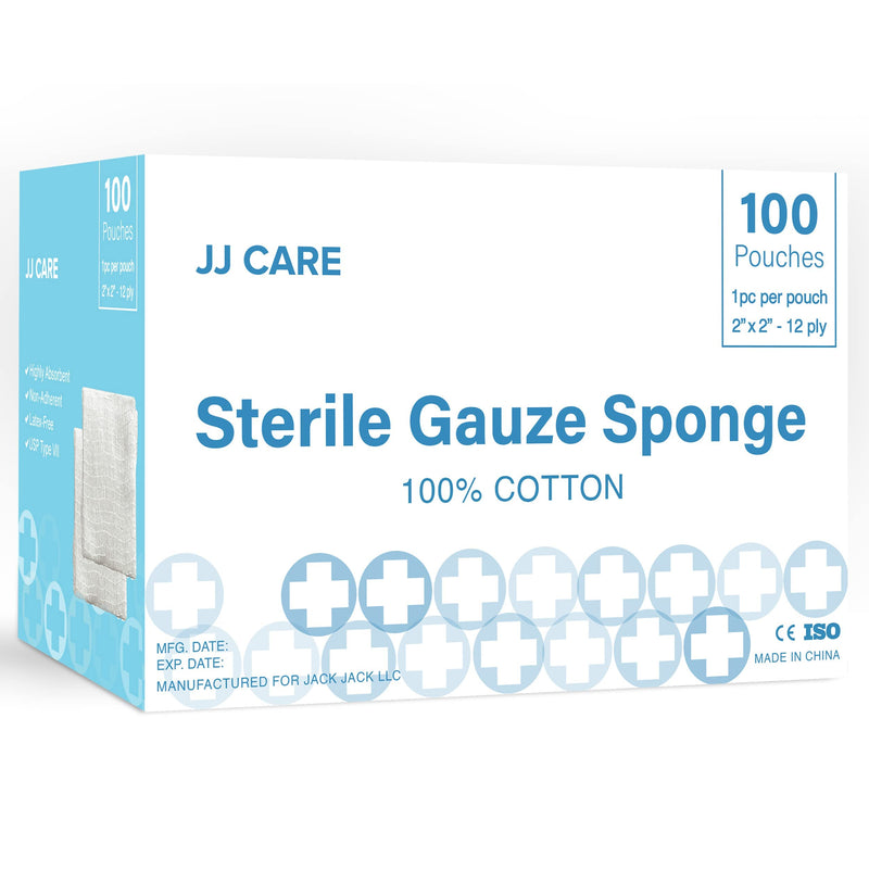 JJ CARE Sterile Gauze Pads [Pack of 100], 2x2 Gauze Pads, Sterile Gauze Sponges, Disposable Gauze Wound Dressing, Individually Packed Gauze Pads for First Aid 100 Count (Pack of 1) - NewNest Australia