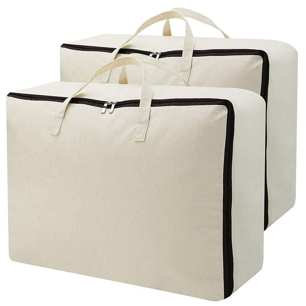 NewNest Australia - Set of 2, 100% Canvas Eco-friend Storage Bags with 3-side Zip Open & Handles, Good for Bedding set, House Move or Winter Clothes Storage in Wardrobe, Beige 23.6*17.7*8.66" 