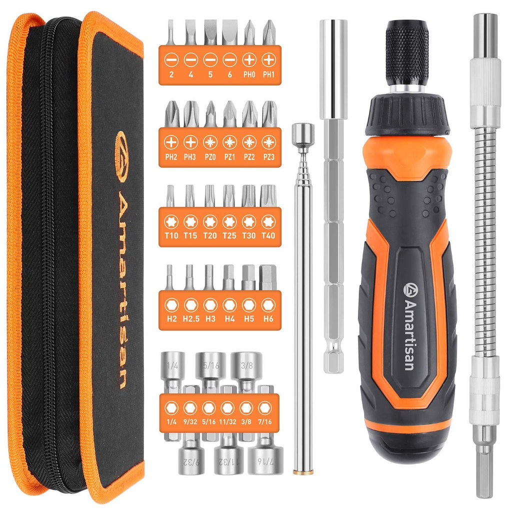 Amartisan Magnetic Ratchet Screwdriver Set, 34-Piece Multi-bit Ratchet Screw Drivers, Slotted/Philips/Pozi/Torx/Hex - NewNest Australia