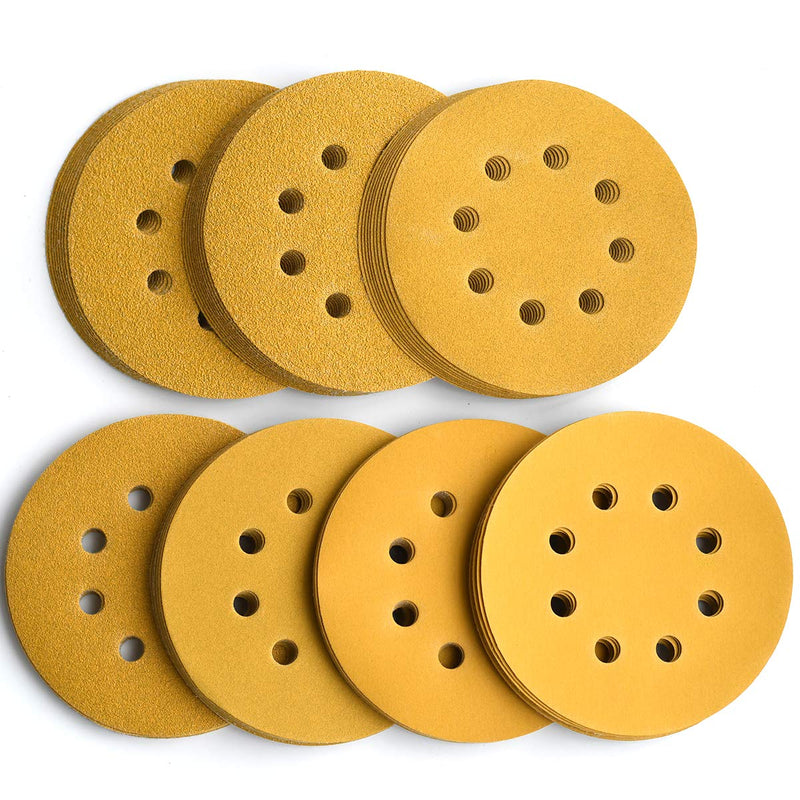 5-Inch 8-Hole Hook and Loop Sanding Discs, 60/80/120/150/220/320/400 Assorted Grits Gold Sanding Disc for Random Orbital Sander, 105-Pack - NewNest Australia