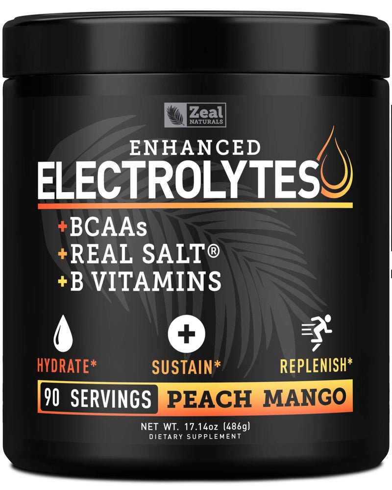 Electrolyte Powder Recovery Drink (90 Servings | Peach Mango) w Real Salt +BCAAs +B-Vitamins Sugar Free Electrolyte Supplement w Potassium Zinc & Magnesium for Hydration - Keto Electrolytes - NewNest Australia