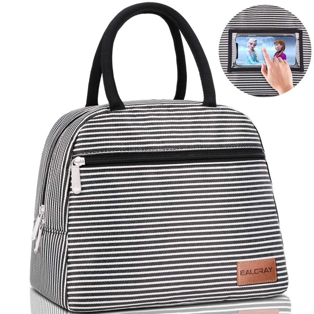 NewNest Australia - BALORAY Lunch Bag for Women Tote Cooler Bag with Phone Holder Pocket Leak-proof Liner Insulated Lightweight Lunch Box Lunch Bags for women/Picnic/Boating/Beach/Fishing/Work (Black white strip) Black white strip 