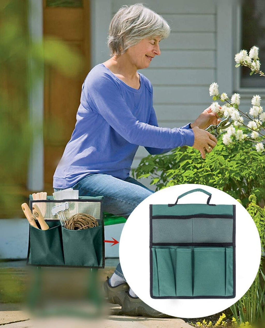 COCO Garden Kneeler Tool Bag Stool Pouch Seat Storage Tote Hanging Organizer, 600D Waterproof Portable for Outdoor Gardening, 12” x 13“ (Green, NOT Include Kneeler) - NewNest Australia