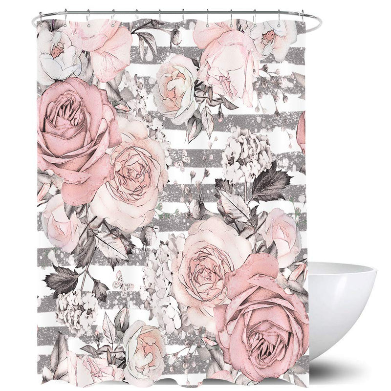 Homewelle Pink Flower Shower Curtain 60Wx72H Gray Stripes Watercolor Floral Elegance Rustic Rose Leaves Nature Plant Artwork 12 Pack Hooks Waterproof Polyester Fabric Bathroom Bathtub - NewNest Australia