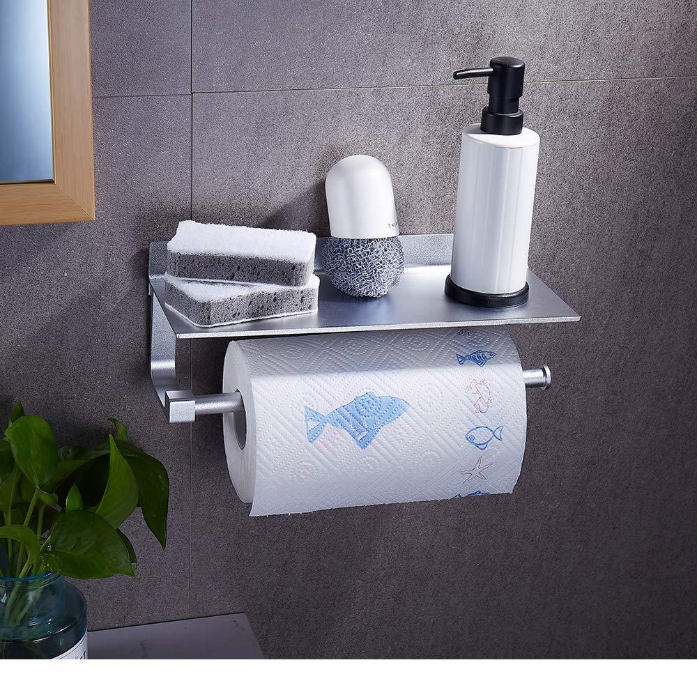 Joom Paper Towel Holder Wall for Kitchen 13 Inch, Bathroom Tissue Roll Hanger with Mobile Phone Storage Shelf,Space Aluminum, Self Adhesive with Glue or Wall Mount with Screws (Silver) Silver - NewNest Australia