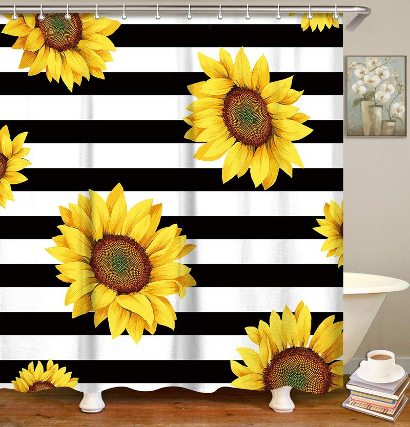 LIVILAN Sunflower Shower Curtain Black and White Striped Sunflower Bathroom Curtain Yellow Floral Modern Creative Bathroom Accessories with 12 Hooks , Machine Washable (72x72) 72x72 - NewNest Australia