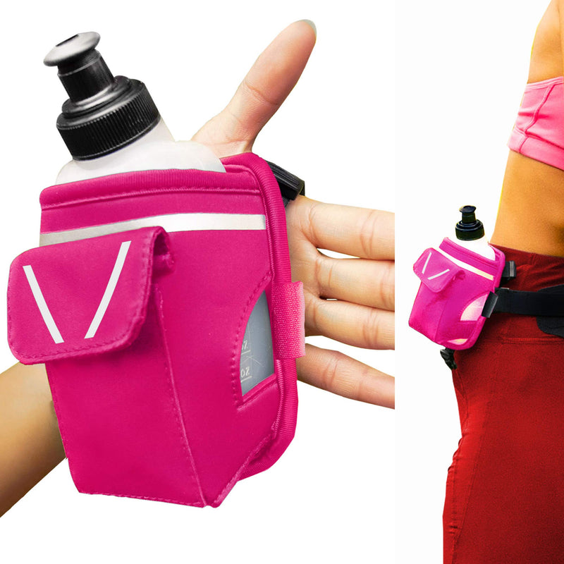 “2-in-1 Running Fun” - Handheld 12 Oz. Water Bottle & Running Belt Add-on - Straps Onto Your Hand or Slides on Belt! Waterproof Pocket Holds Money, Key, Gels – Maximises Your Time, Freedom and Health! Hot Pink - NewNest Australia