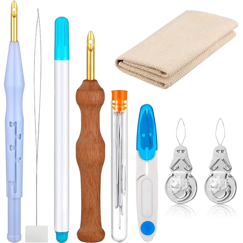 17 Piece Punch Needle Embroidery Kits Adjustable Rug Yarn Punch Needle Wooden Handle Embroidery Pen Needle Threader Punch Needle Cloth for Embroidery Floss Cross Stitching Beginner (Blue, Sky Blue) Blue, Sky Blue - NewNest Australia