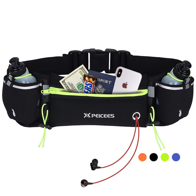 Peicees Running Belt with 2 Water Bottles, Multifunctional Zipper Pocket Adjustable Strap Water Resistant Waist Bag Fanny Pack Waist Pack Phone Holder Pouch for Running Hiking Cycling Climbing Runners Green with 2 water bottles - NewNest Australia