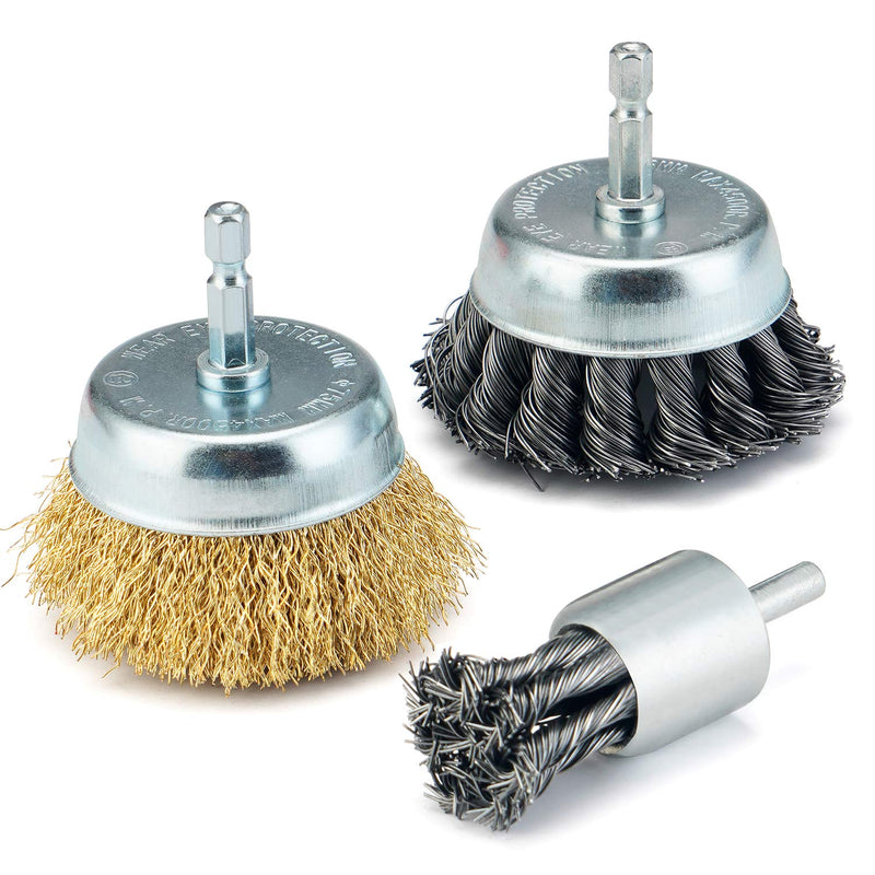 TILAX 3 Inch Wire Cup Brush End Brush Set 3 Piece, Wire Brush for Drill 1/4 Inch Hex Shank Arbor 0.012" Brass Coated Crimped and 0.019" Carbon Steel Knotted Wire Brush, for Drill Attachment - NewNest Australia