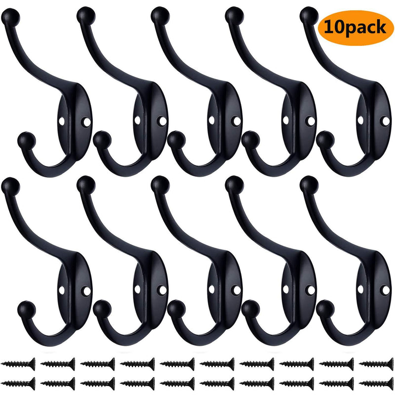 NewNest Australia - 10Pcs Black Coat Hooks Hardware Heavy Duty Hooks for Hanging Coats Double No Rust Hooks Wall Mounted with 40 Screws for Key, Towel, Bags, Cup, Hat 