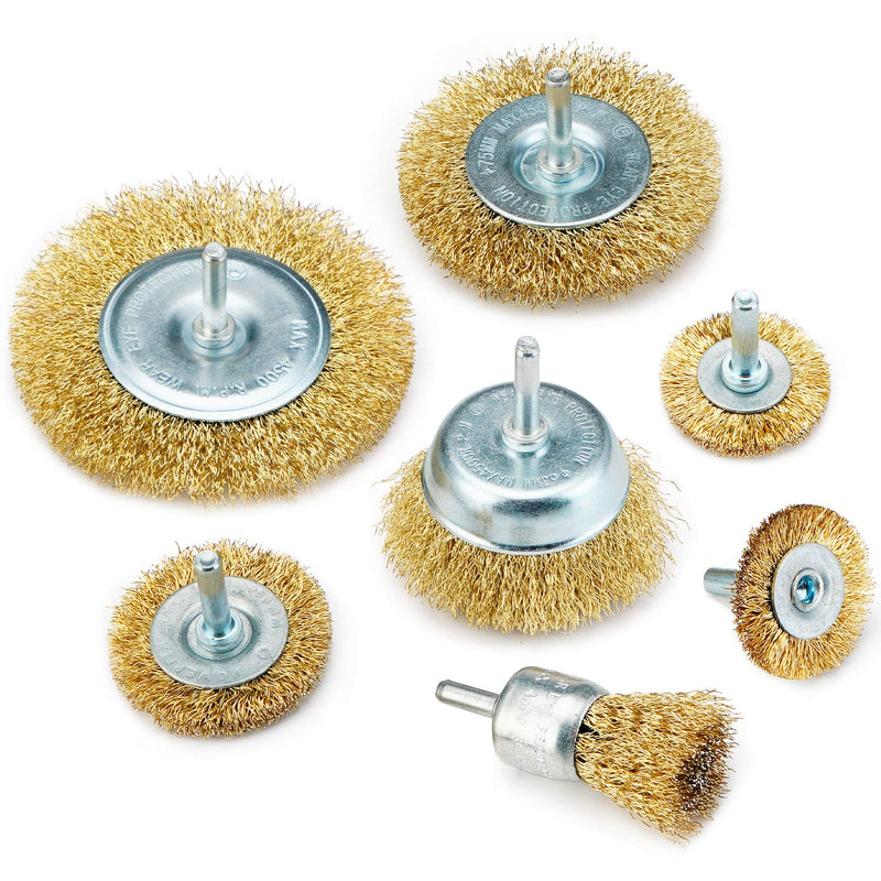 TILAX Wire Brush Wheel Cup Brush Set 7 Piece, Wire Brush for Drill 1/4 Inch Arbor 0.0118 Inch Coarse Brass Coated Crimped Wire Wheel for Used to Clean Rust, Flakes and Abrasives Drill Attachment - NewNest Australia