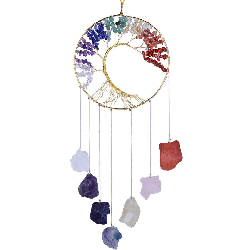 NewNest Australia - TUMBEELLUWA 7 Chakra Tree of Life Stone Hanging Ornament Healing Raw Crystal Stone Quartz Stone Wall Hanger Reiki Home or Office Decoration, Rainbow & 7 Chakra #1 Rainbow & 7 Chakra 