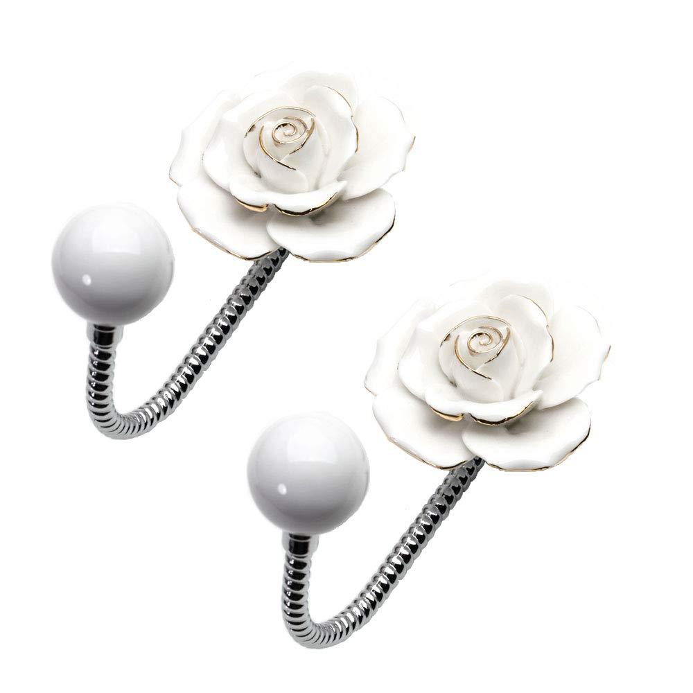 NewNest Australia - 2Pcs White Ceramic Coat Hook Set, Beautiful Handmade Flower Decorative Robe & Towel Hooks (Gold-Plated Edge Design), Chrome Metal Wall Hook for Bedroom Bathroom and Shower (Rose White) 2PCS Rose White Set 