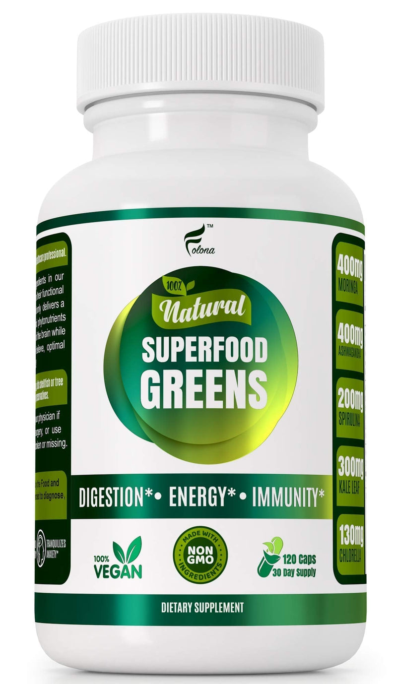 Organic Vegan Super Greens Capsules with Ashwagandha - Immune Support with All Natural Whole Food Nutrients Chlorella, Moringa, Spirulina, Turmeric, Kale. Improve Digestion, Boost Energy - Detox Pills - NewNest Australia
