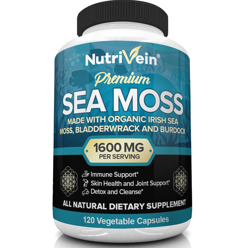 Nutrivein Organic Sea Moss 1600mg Plus Bladderwrack & Burdock - 120 Capsules - Prebiotic Super Food Boosts The Immune System & Digestive Health - Thyroid, Healthy Skin, Keto Detox, Gut, Joint Support - NewNest Australia