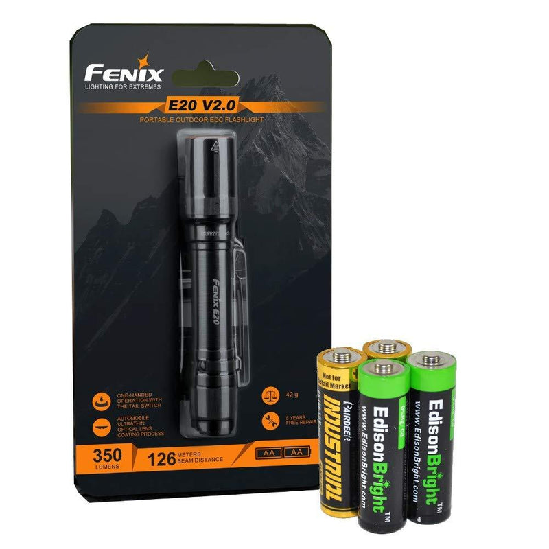 Fenix E20 V2 350 Lumen LED Tactical Flashlight with Two EdisonBright AA Alkaline Batteries - NewNest Australia