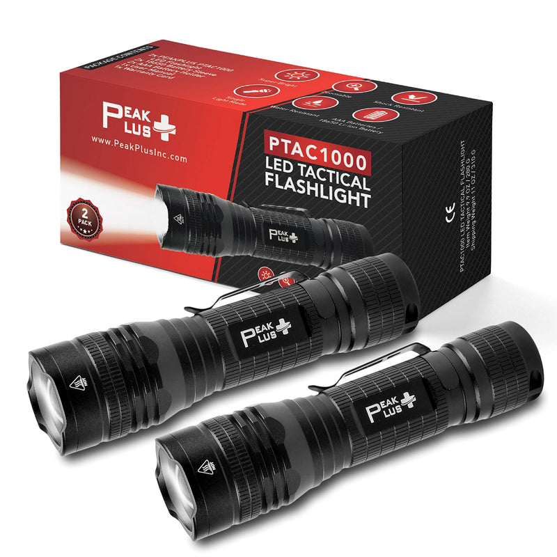 PeakPlus LED Tactical Flashlight PTAC1000 [2 PACK] Single Mode, High Lumen, Zoomable, Water Resistant, Flash Light - Camping, Outdoor, Emergency, Everyday Flashlights with Clip - NewNest Australia