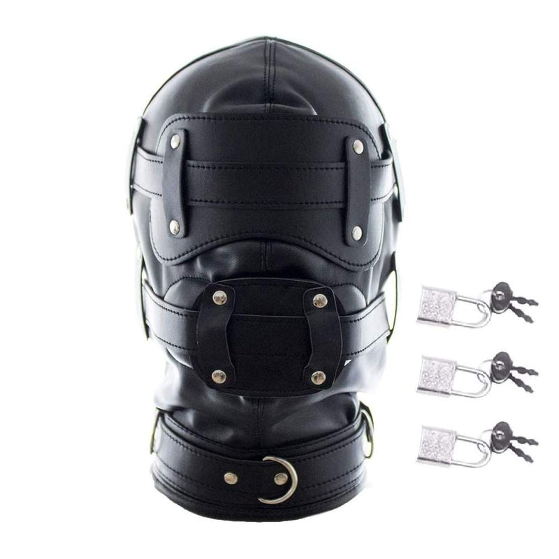 FST Black PU Leather Bondage Mask Hood, Full Face Blinder Detachable Cover Eye Dildo Mouth Gag Head Hood, for Unisex Adult Play, BDSM/LGBT Hood Long mouth gag - NewNest Australia
