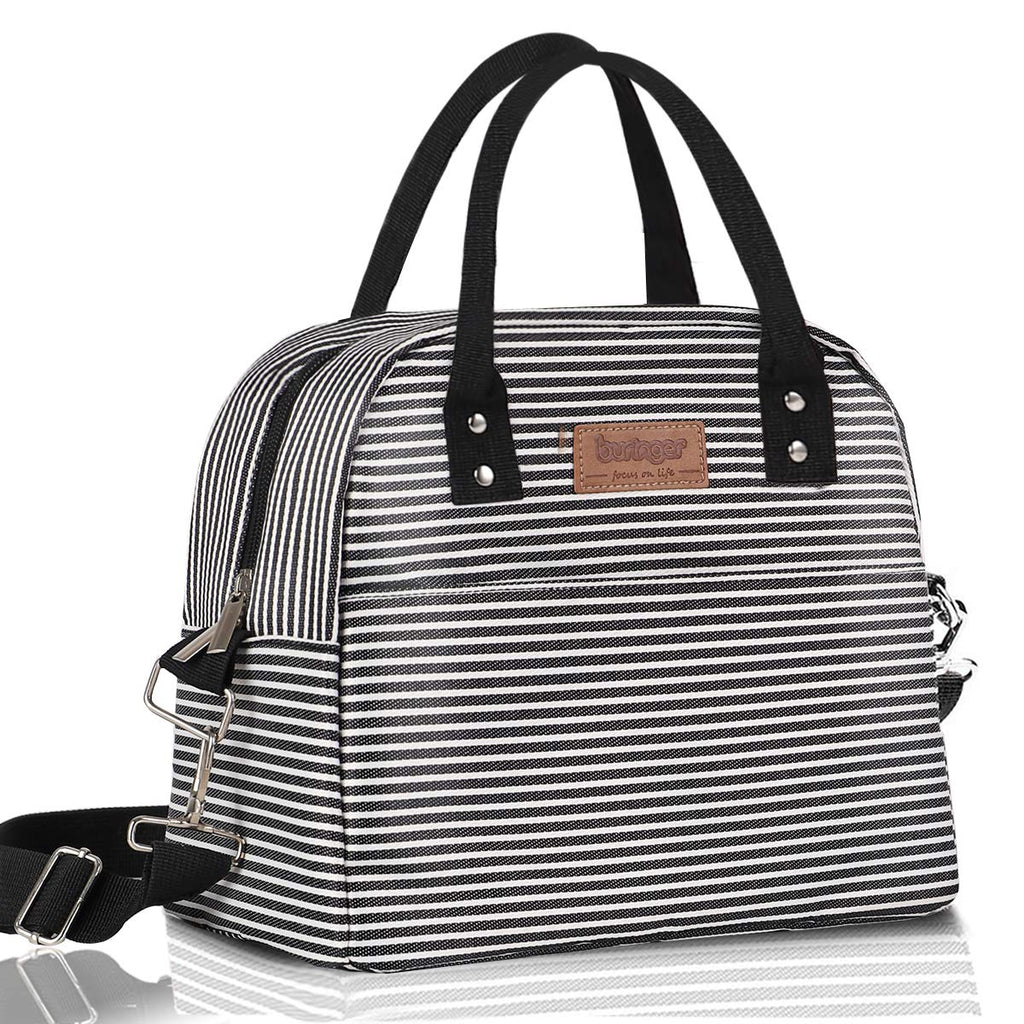 NewNest Australia - Buringer Large Insulated Lunch Bag Reusable Cooler Tote Box with Adjustable Shoulder Strap and Two Pockets For Woman Man Work Picnic or Travel (Black and White Stripe) Black and White Stripe 