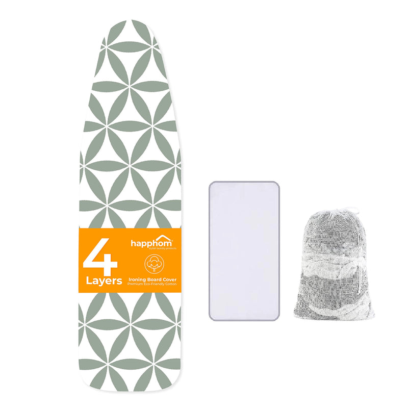 Ironing Board Cover and Pad Extra Thick Heavy Duty Padded 4 Layers Non Stick Scorch and Stain Resistant 15x54 and 3 Fasteners Elastic Edge with 2 Bonus Laundry Bag and Protective Scorch Mesh Cloth Flower of Life: Green/White - NewNest Australia