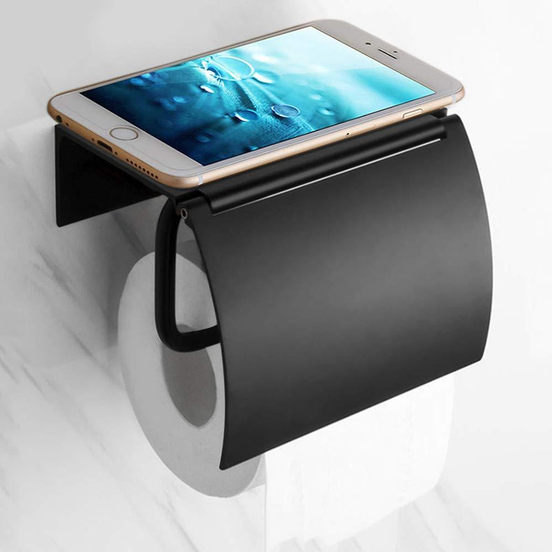 Matte Black Toilet Paper Holder Wall Mounted with Phone Shelf, Universal Modern Toilet Tissue Holder fit Mega Roll Toilet Paper, Cat Proof Toilet Paper Holder Bathroom Metal Aluminum Covered TP Holder - NewNest Australia