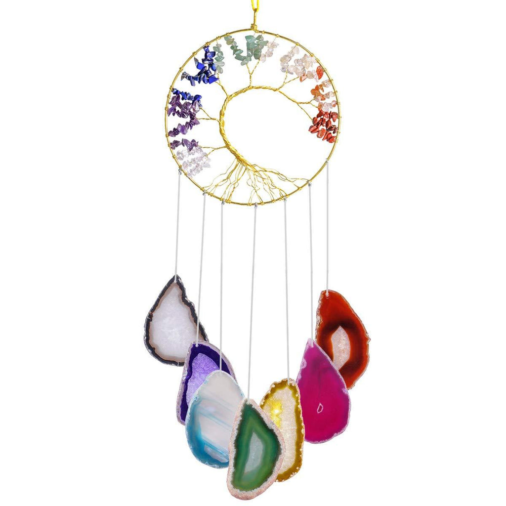 NewNest Australia - TUMBEELLUWA Tree of Life 7 Chakra Stone Wall Hanger Reiki Healing Agate Slices Hanging Decorative Ornament for Home and Office #1 Multi-color 