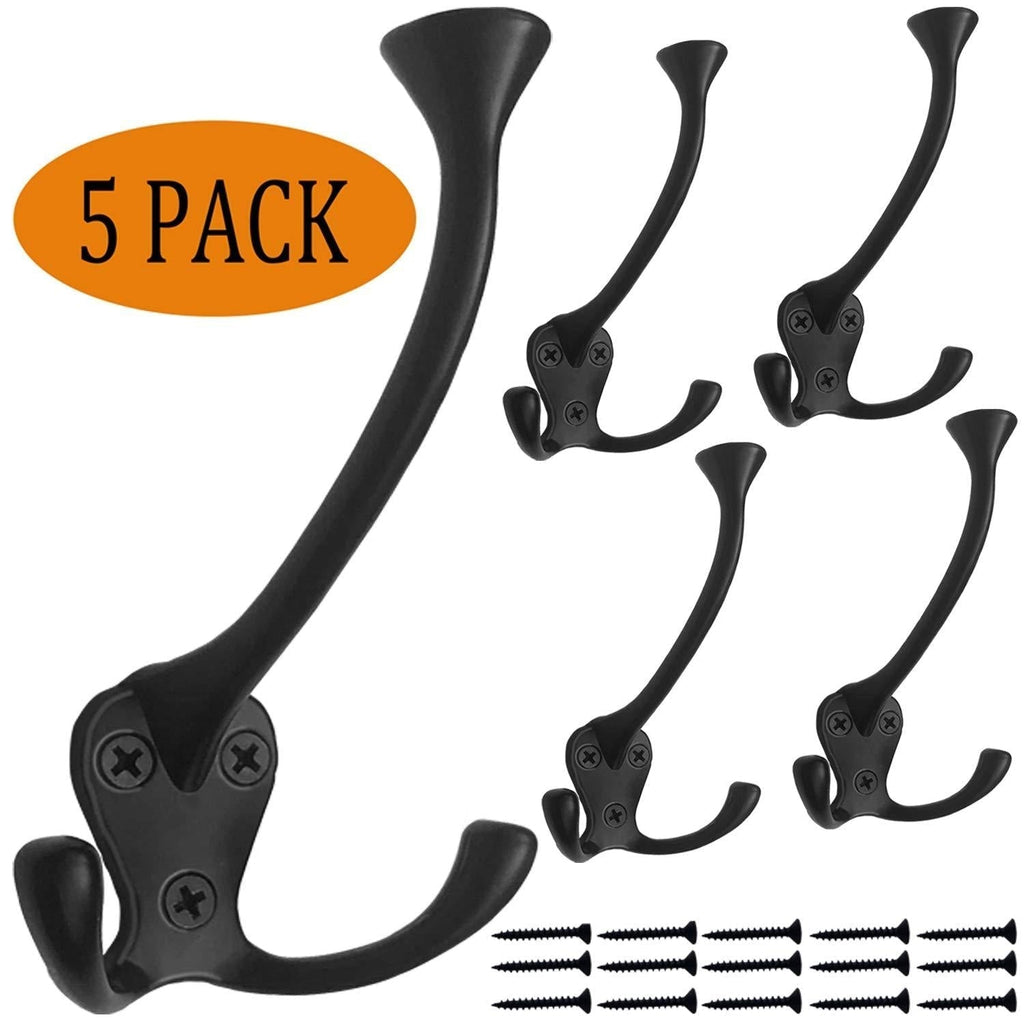 NewNest Australia - 5Pcs Three Prongs Coat Hooks Hearware Heavy Duty Hooks for Hanging Coat Wall Mounted No Rusty Hooks with 15 Screws for Keys, Towel, Bags, Scarf, Hat, Cup Black 