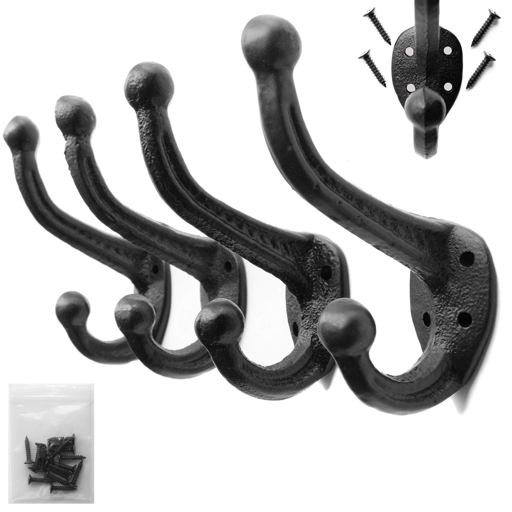 NewNest Australia - Rustic Hooks, Black Cast Iron Wall Hooks (Set of 4), Modern Farmhouse Decor, Matching Screws Included - Easy to Install. Sturdy and Heavy Coat Hooks Hardware, Decorative Hooks, Farmhouse Hooks, etc. 