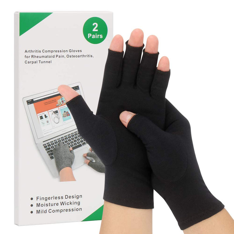 2-Pair Arthritis Compression Gloves for Alleviate Rheumatoid Osteoarthritis, Carpal Tunnel Raynauds Disease, Ease Muscle Tensi on Fingerless, Breathable & Moisture, Women and Men (Black, Small) Black Small (2 Pair) - NewNest Australia