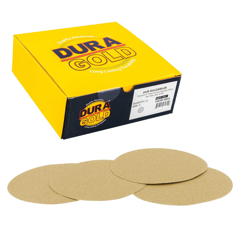 Dura-Gold Premium 6" Gold Sanding Discs - 60 Grit (Box of 25) - Hook & Loop Backing Sandpaper Discs for DA Orbital Sanders, Finishing Coarse-Cut Abrasive - Sand Automotive Car Paint Woodworking Wood 60-Grit - NewNest Australia