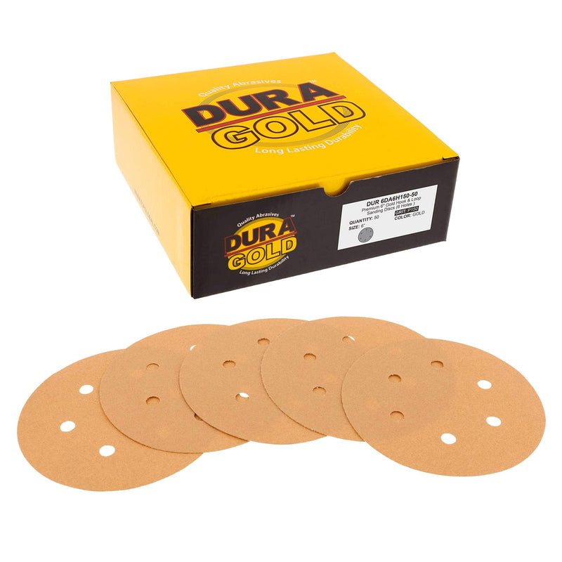 Dura-Gold Premium 150 Grit 6" Gold Sandpaper Discs, 6 Hole Pattern Dustless, Box of 50 - Hook & Loop Backing for DA Sander, Finishing Med-Cut Sanding Abrasive Automotive Paint, Woodworking Wood, Metal 150-Grit - NewNest Australia