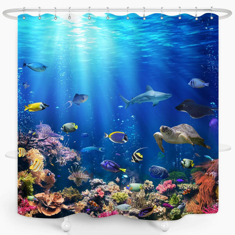 ZXMBF Ocean Underwater World Shower Curtain Colorful Tropical Fishes Turtle Coral in The Deep Sea Home Décor Waterproof Fabric 72x72 Inch Blue Plastic Hooks 12PCS - NewNest Australia