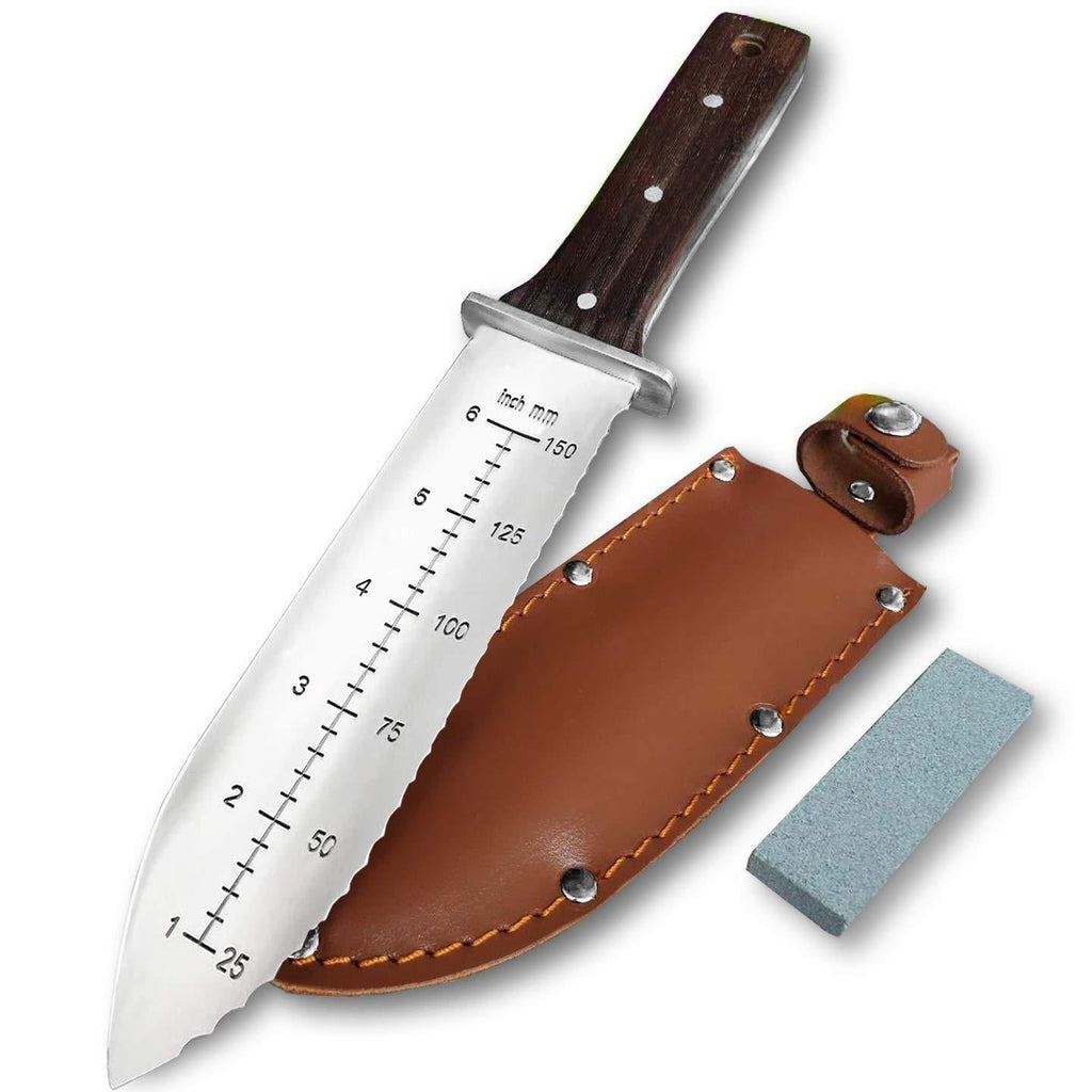 Gonicc Professional Garden Knife with Leather Sheath, Protective Handguard, High polished 440 Stainless Steel Blade, Sharpening Stone Included, for Weeding, Digging, Pruning, and Cultivating, Soil Kni - NewNest Australia