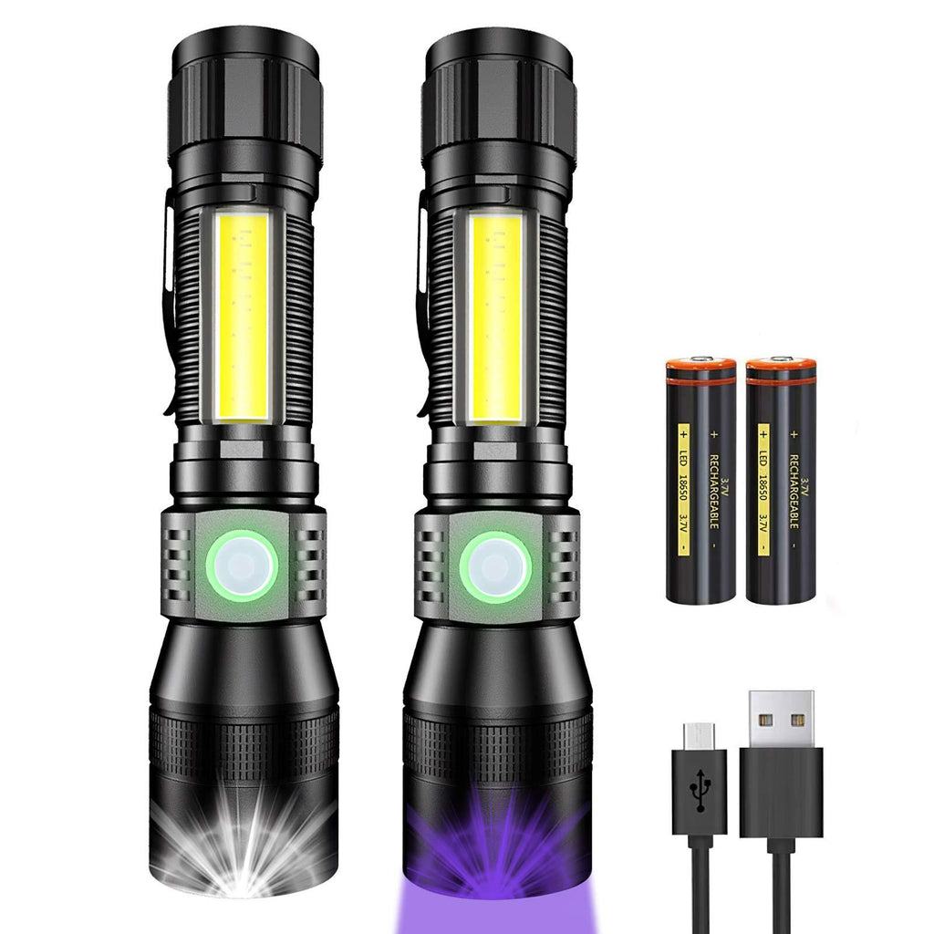 Rechargeable Flashlights 3 in 1, Super Bright Black Light Flashlights 1200 Lumens, 7 Modes, Zoomable, IPX6 Waterproof Flash Light for Camping, Emergency, Pet Clothing Detection 2 Pack - NewNest Australia