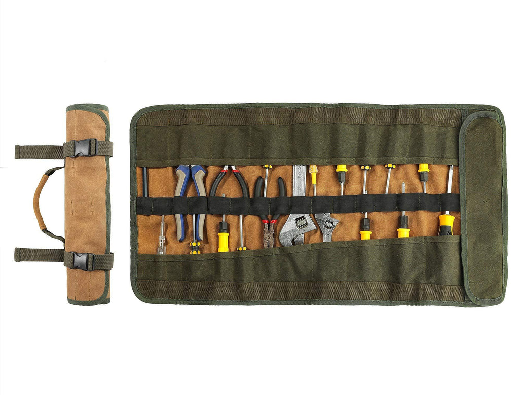 Heavy Duty Waxed Canvas Multi-purpose Tool Roll Pouch With 25 Pockets, Easy Storage, Durable (Khaki) Khaki - NewNest Australia