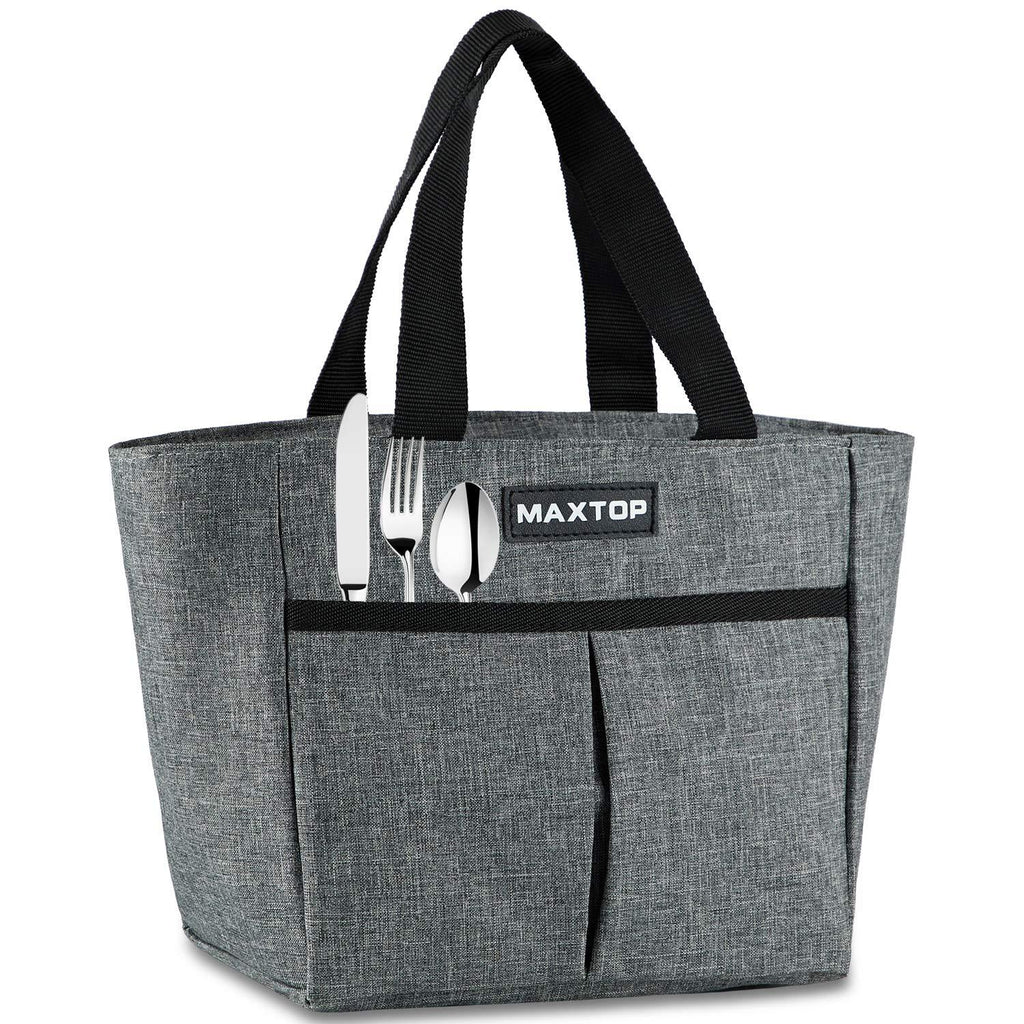 NewNest Australia - MAXTOP Lunch Bags for Women,Insulated Thermal Lunch Tote Bag,Lunch Box with Front Pocket for Office Work Picnic Shopping Grey (Additional Zipper Pocket） Small 