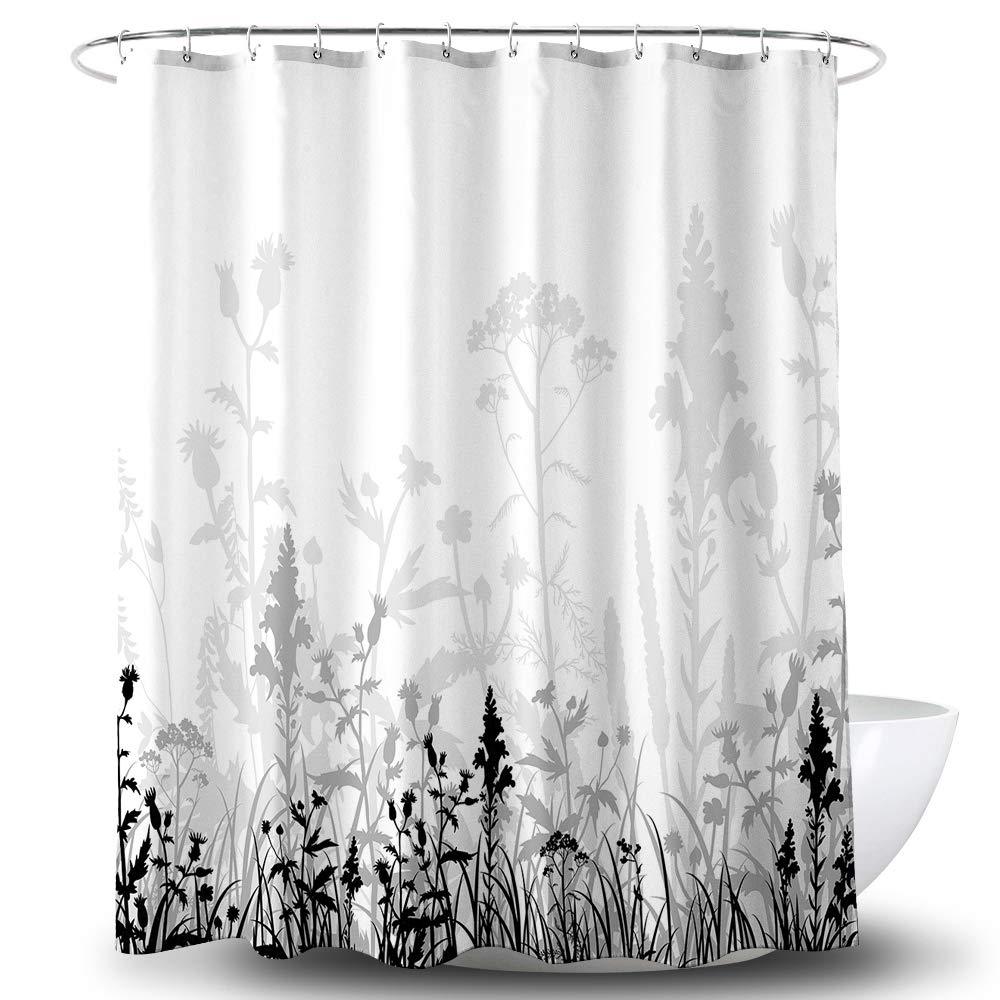 Grey Flowers Shower Curtain Black Grey Leaves Shadow Abstract Nature White Background Waterproof Fabric Bathroom Decor Bath Curtain with Hooks 72x72 inch - NewNest Australia