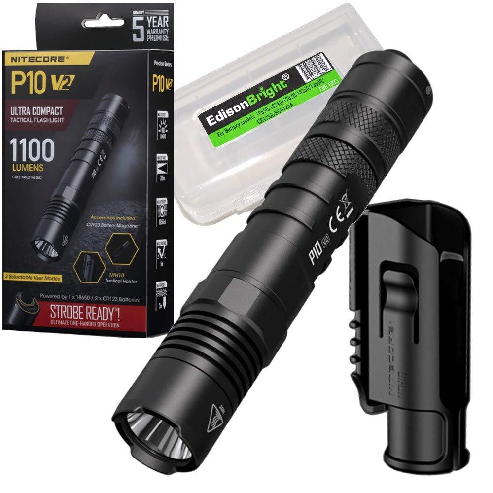 Nitecore P10 V2 1100 Lumen LED Tactical Flashlight with Hard Holster and EdisonBright battery carrying case - NewNest Australia