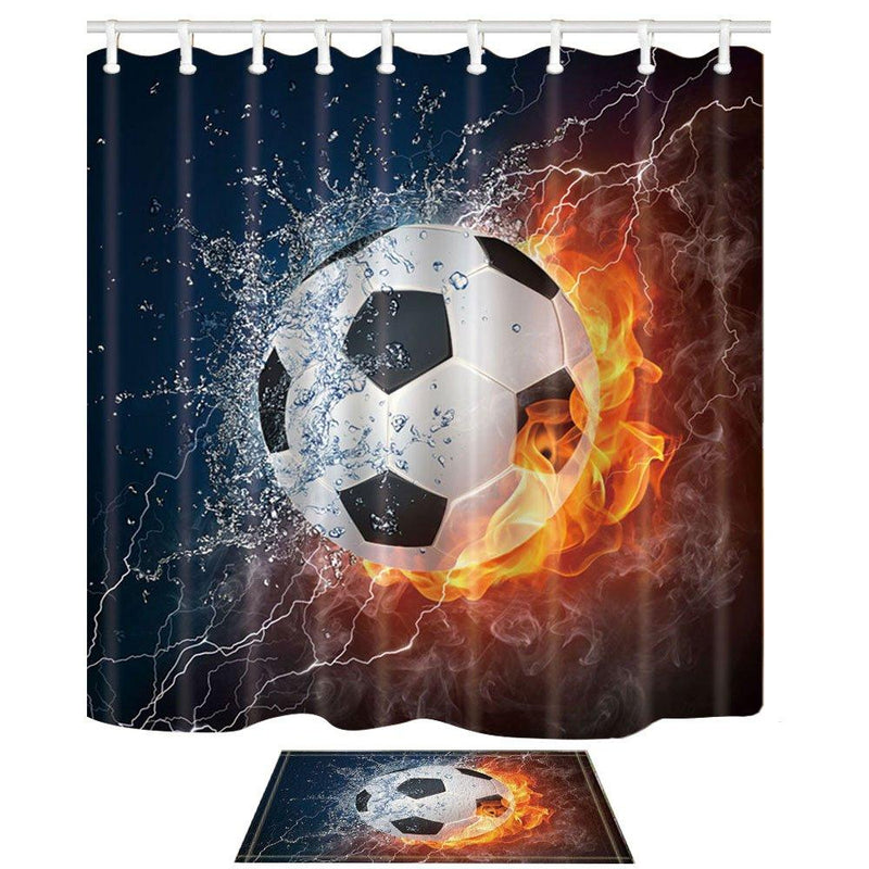 Shocur Sports Shower Curtain Set, Soccer Ball on Fire and Water Splashing Flame Lightning, Boy Football Bathroom Decor Polyester Fabric 72 x 72 Inches with Hooks and Non-Slip 15 x 23 Inches Bath Rug - NewNest Australia