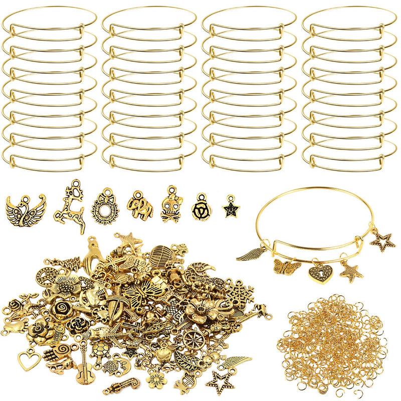 UPINS 30Pcs Silver Expandable Blank Bracelets Adjustable Wire Bangles with 100Pcs Tibetan Silver Charms, 200Pcs Open Jump Rings for Jewelry Making Golden - NewNest Australia
