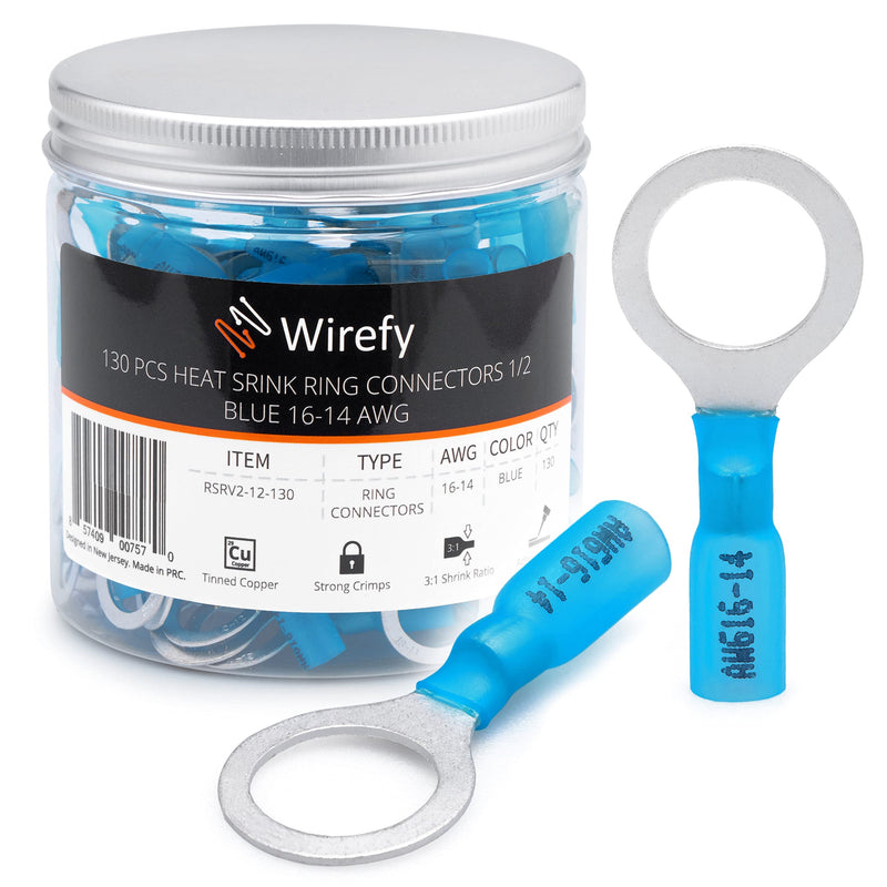 Wirefy 130 PCS Heat Shrink Ring Terminals 1/2" - Marine Grade Ring Connectors - Eyelet Wire Connectors - Large Ring Terminals - Blue 16-14 AWG Ring 1/2" Blue 16-14 Gauge - NewNest Australia