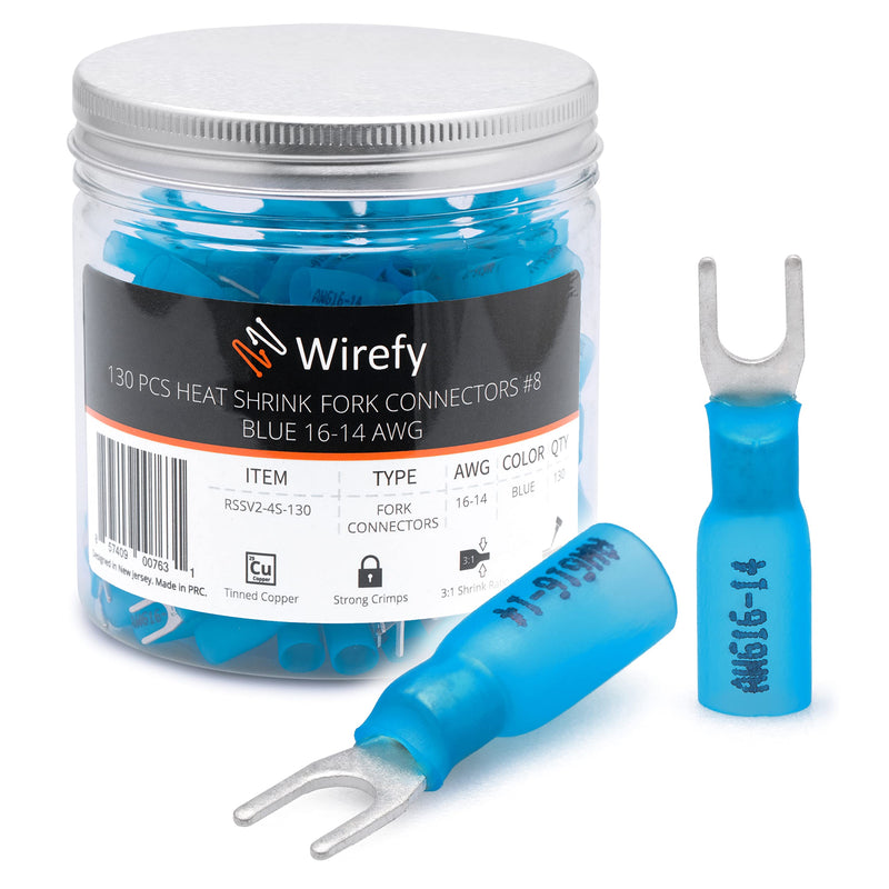 Wirefy 130 PCS Heat Shrink Fork Connectors #8 - Marine Grade Fork Terminals - Spade Fork Wire Connectors - Blue 16-14 Gauge Fork #8 - NewNest Australia