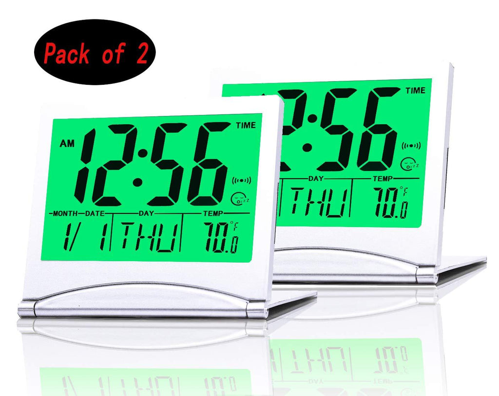 NewNest Australia - BESTWYA Travel Clock, Slim Compact Size Multifunction Digital Alarm Clock Battery Operated with Calendar Time Weekday Temperature Alarm Snooze Timer Function (Backlight,Pack of 2) Backlight, Pack of 2 