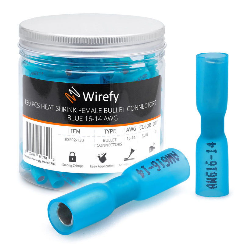 130 PCS Wirefy Heat Shrink Female Bullet Connectors - Female Wire Bullet Connectors - Electrical Bullet Butt Terminals - Blue 16-14 AWG Female - Blue 16-14 AWG - NewNest Australia